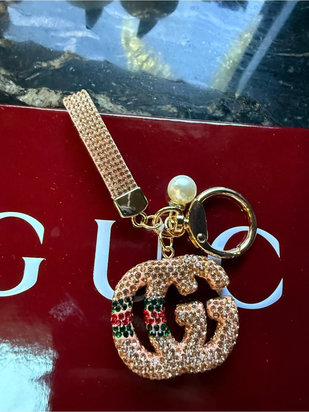 Crystal Embellished pearl Rose Gold Double-G  Keychain Charm is so Gucci !